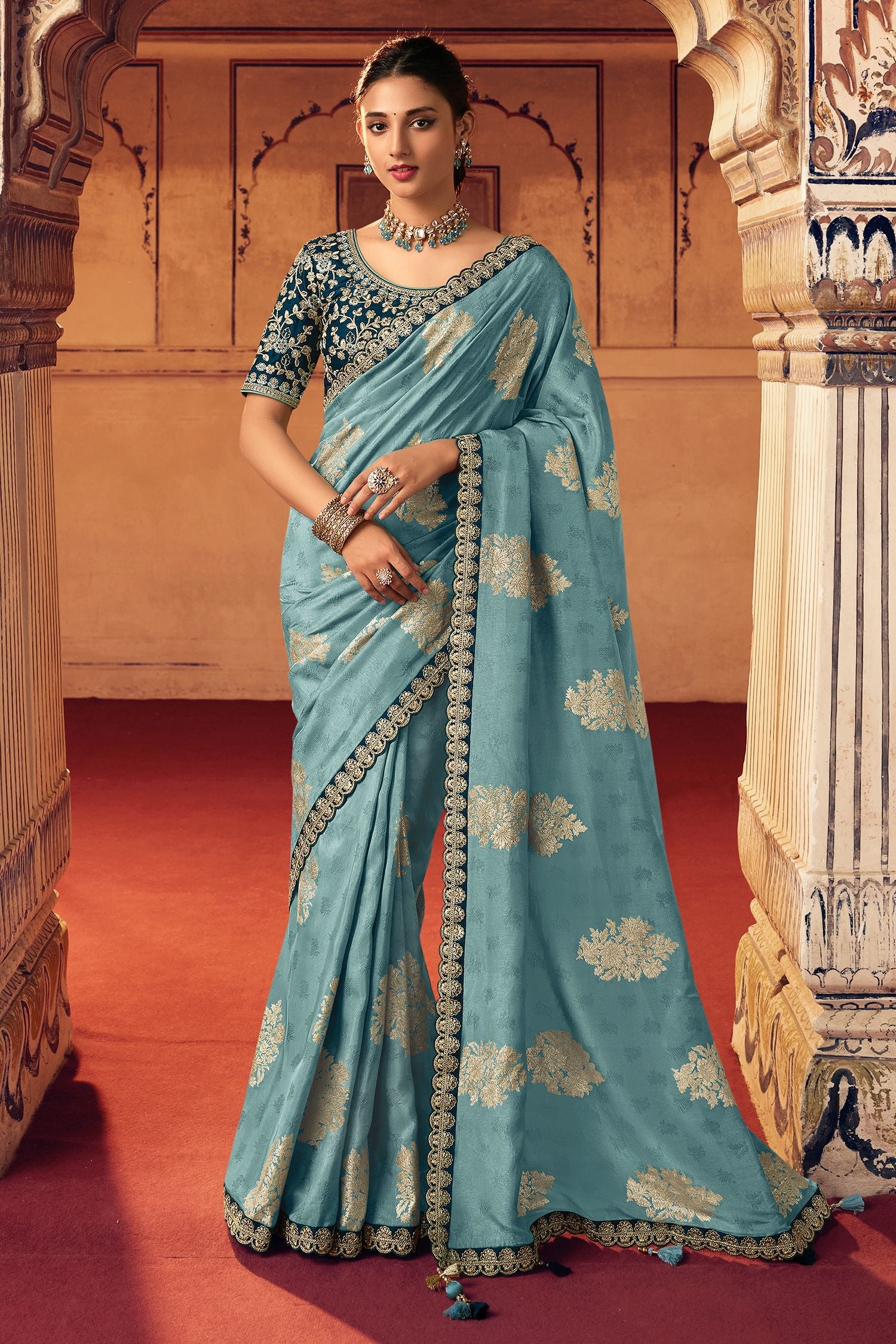 Juniper Blue Organza Woven Silk Saree with Peacock Motifs