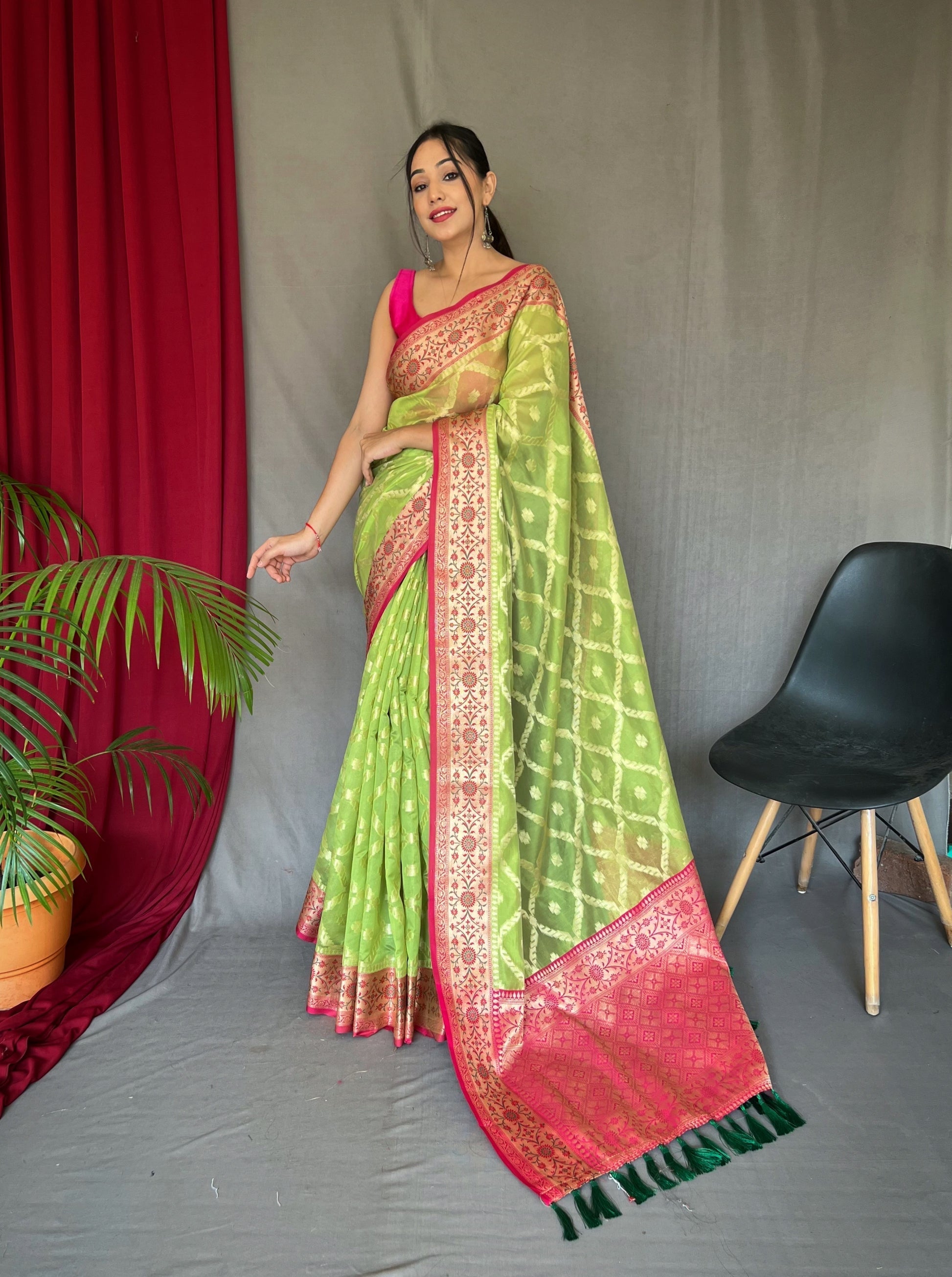 Tacha Green Woven Banarasi Organza Silk Saree