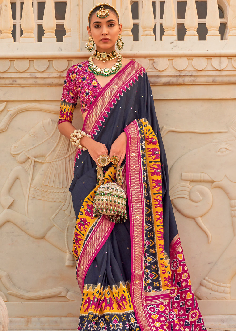 Charade Blue and Pink Woven Patola Silk Saree