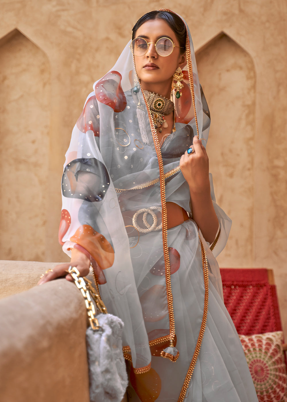 Nobel Grey Digital Print Organza Saree