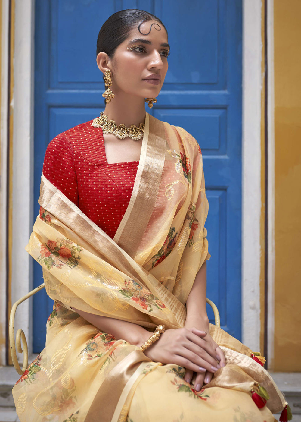 New Orleans Cream Digital Print Organza Silk Saree