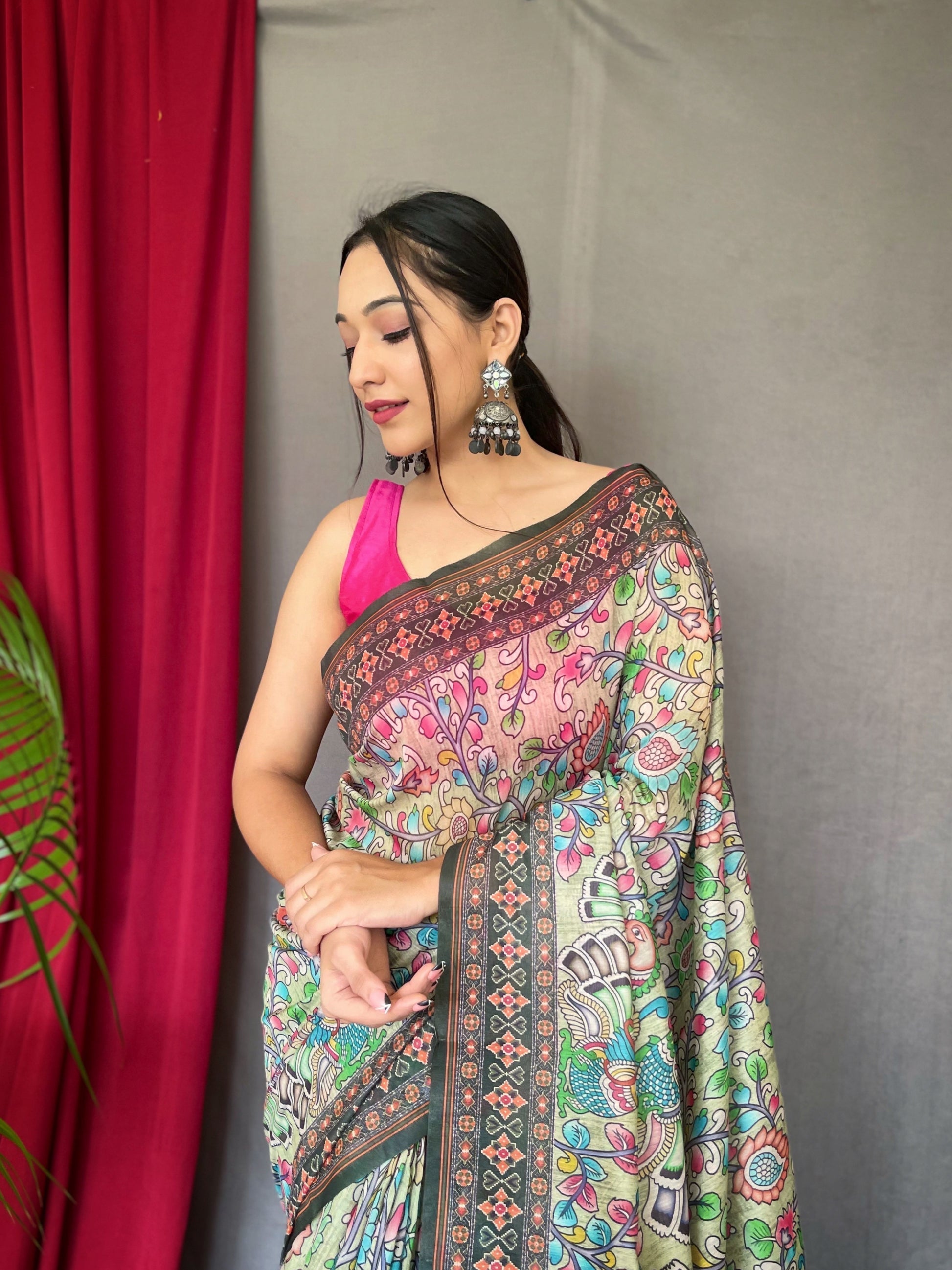 Amulet Light Green Bandhani Kalamkari Printed Saree