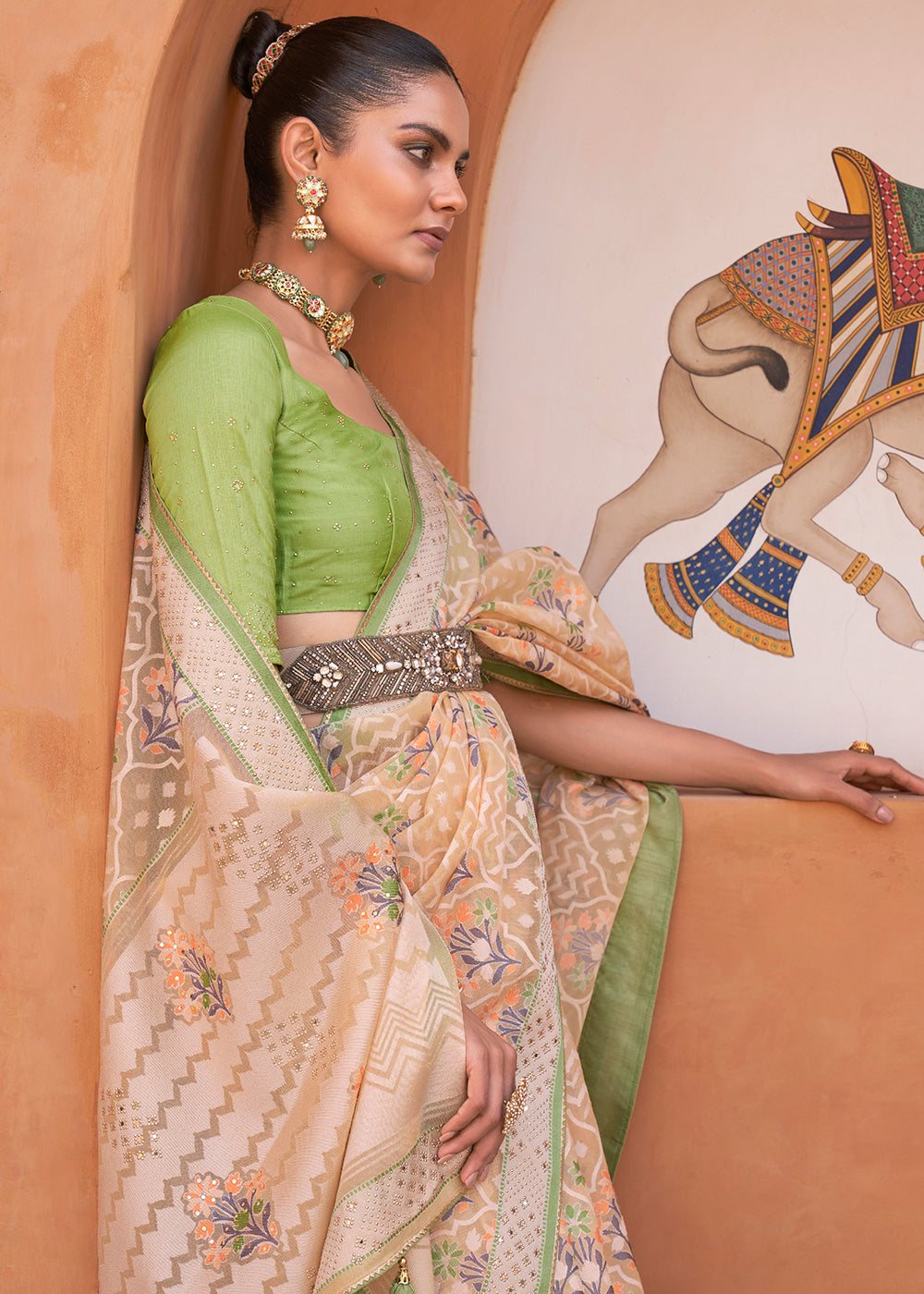 Green and Brown Patola Printed Tissue Silk Saree