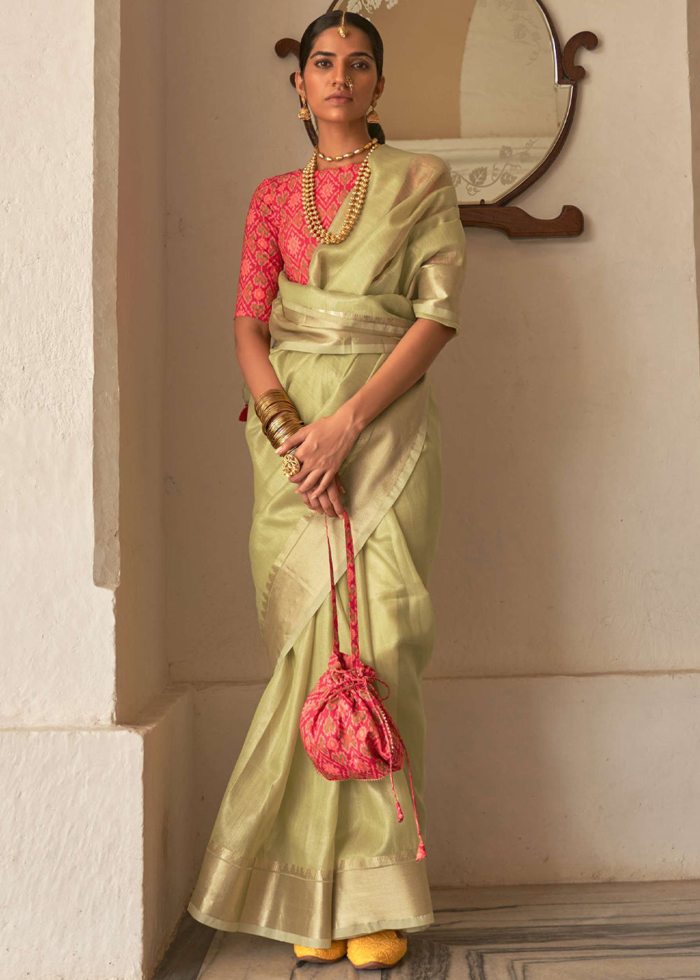 Straw Green and Pink Organza Silk Saree