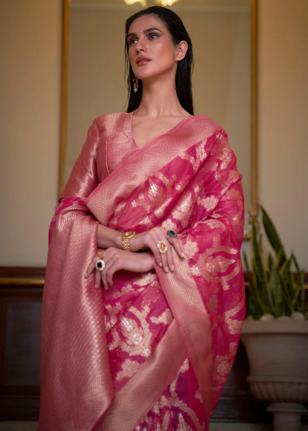 Cadillac Pink Woven Organza Banarasi Silk Saree