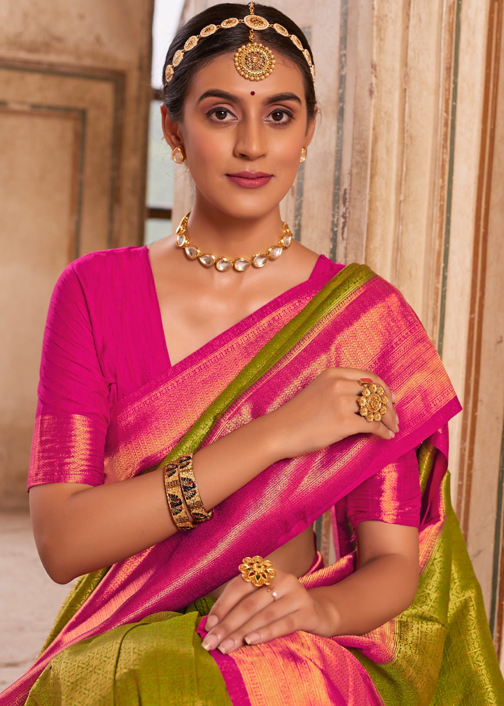 Alpine Green and Pink Woven Kanjivram Silk Saree