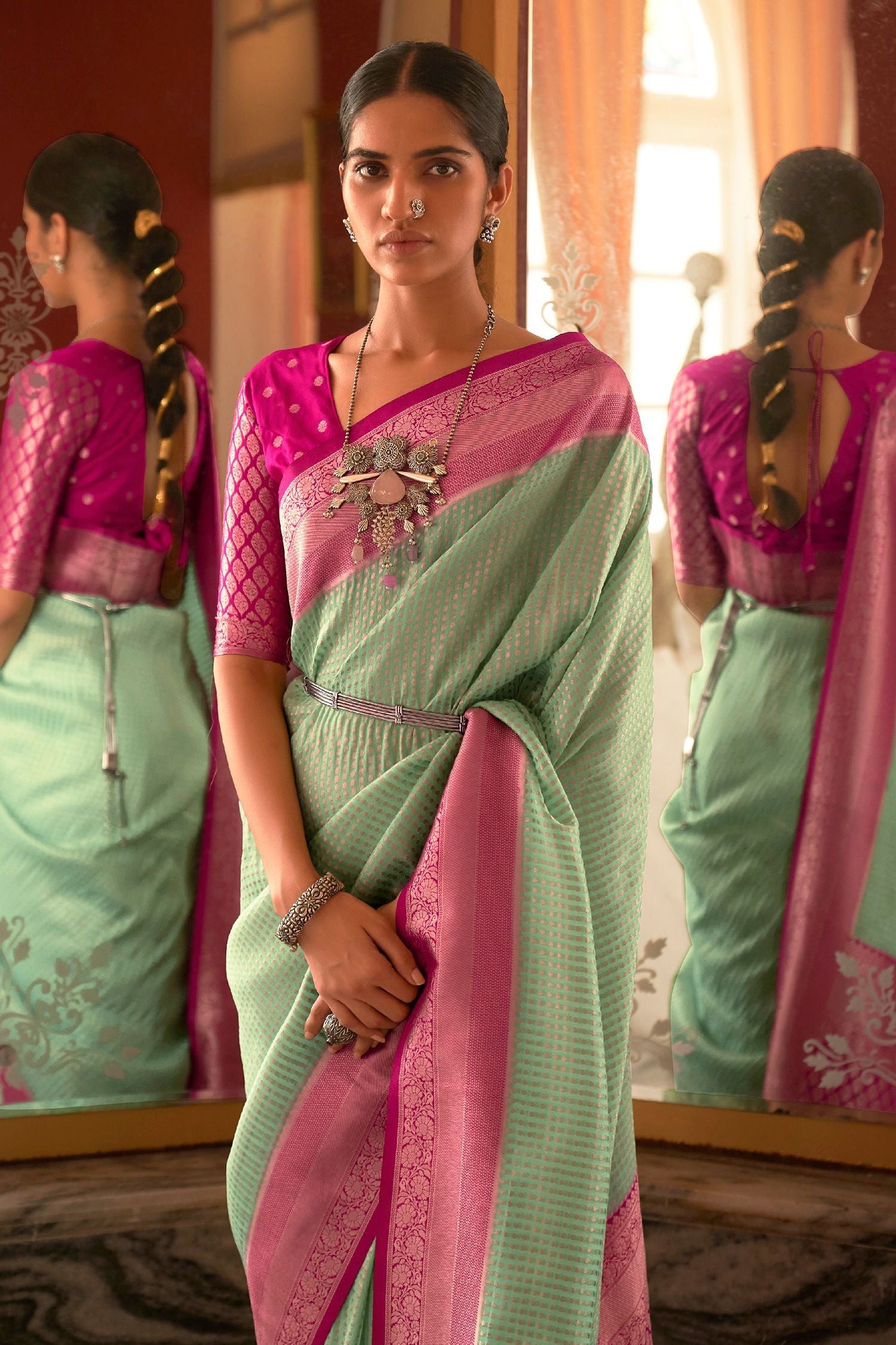 Locust Green and Pink Woven Banarasi Woven Silk Saree