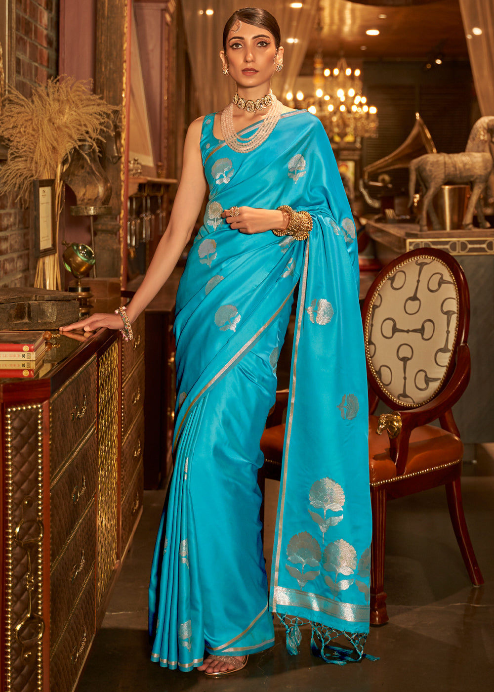 Bondi Blue Woven Banarasi Satin Silk Saree