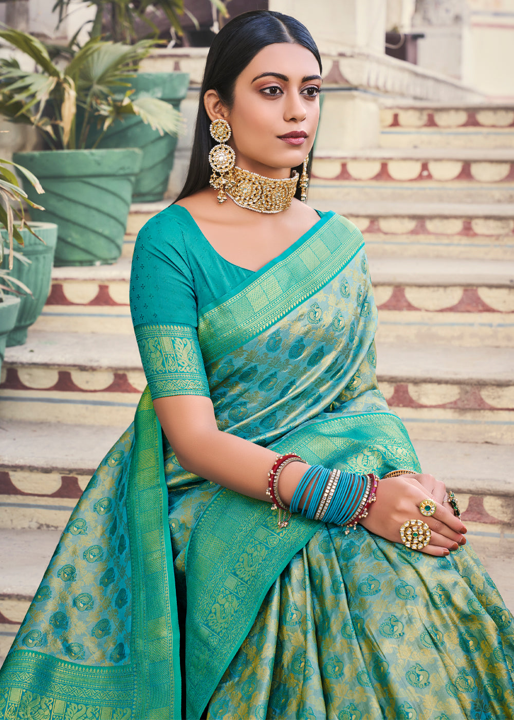 Ocean Green Pearl Woven Kanjivaram Silk Saree