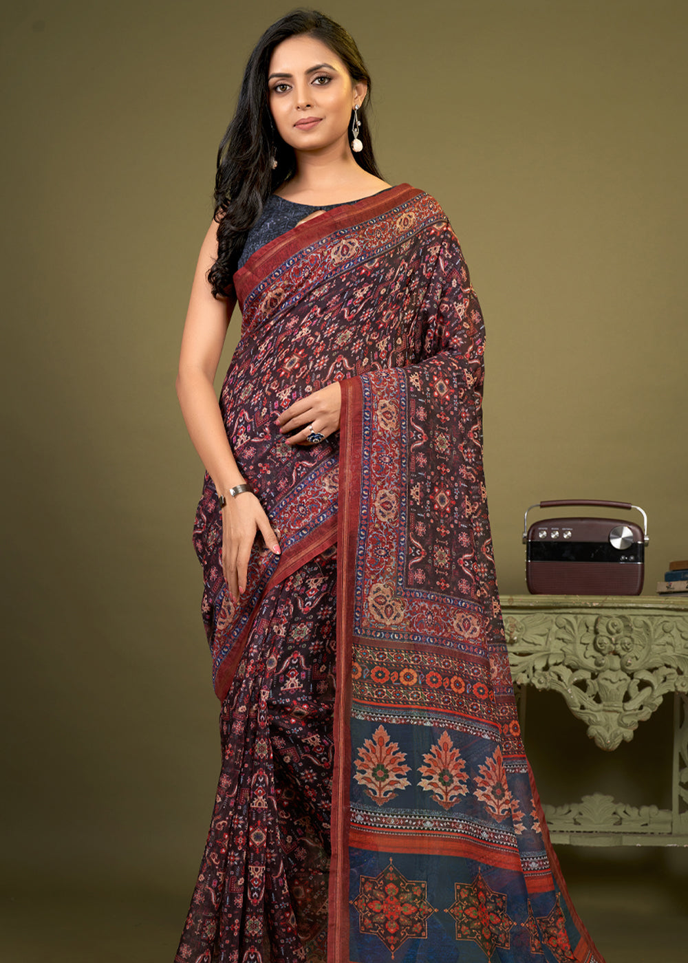 Outer Blue and brown Cotton Patola Printed Silk Saree