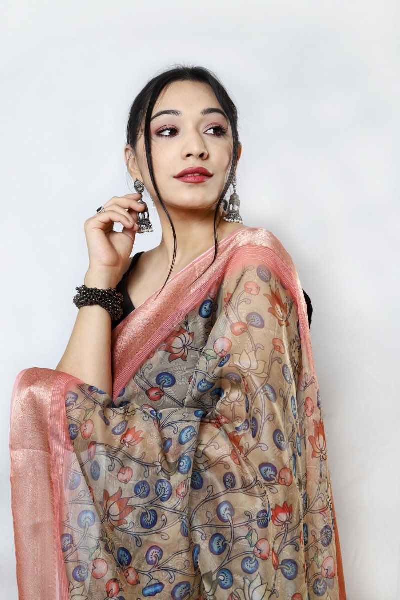 Shadow Brown Organza Kalamkari Printed with Sequins Jacquard Woven Saree