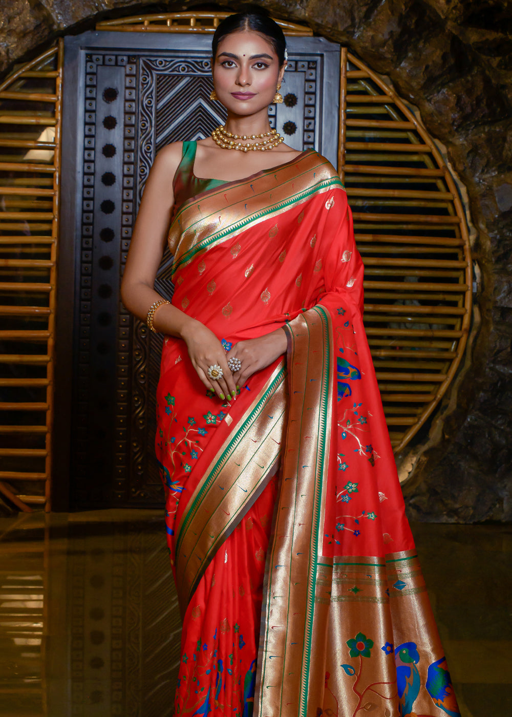 Salmon Pearl Red Woven Paithani Silk Saree