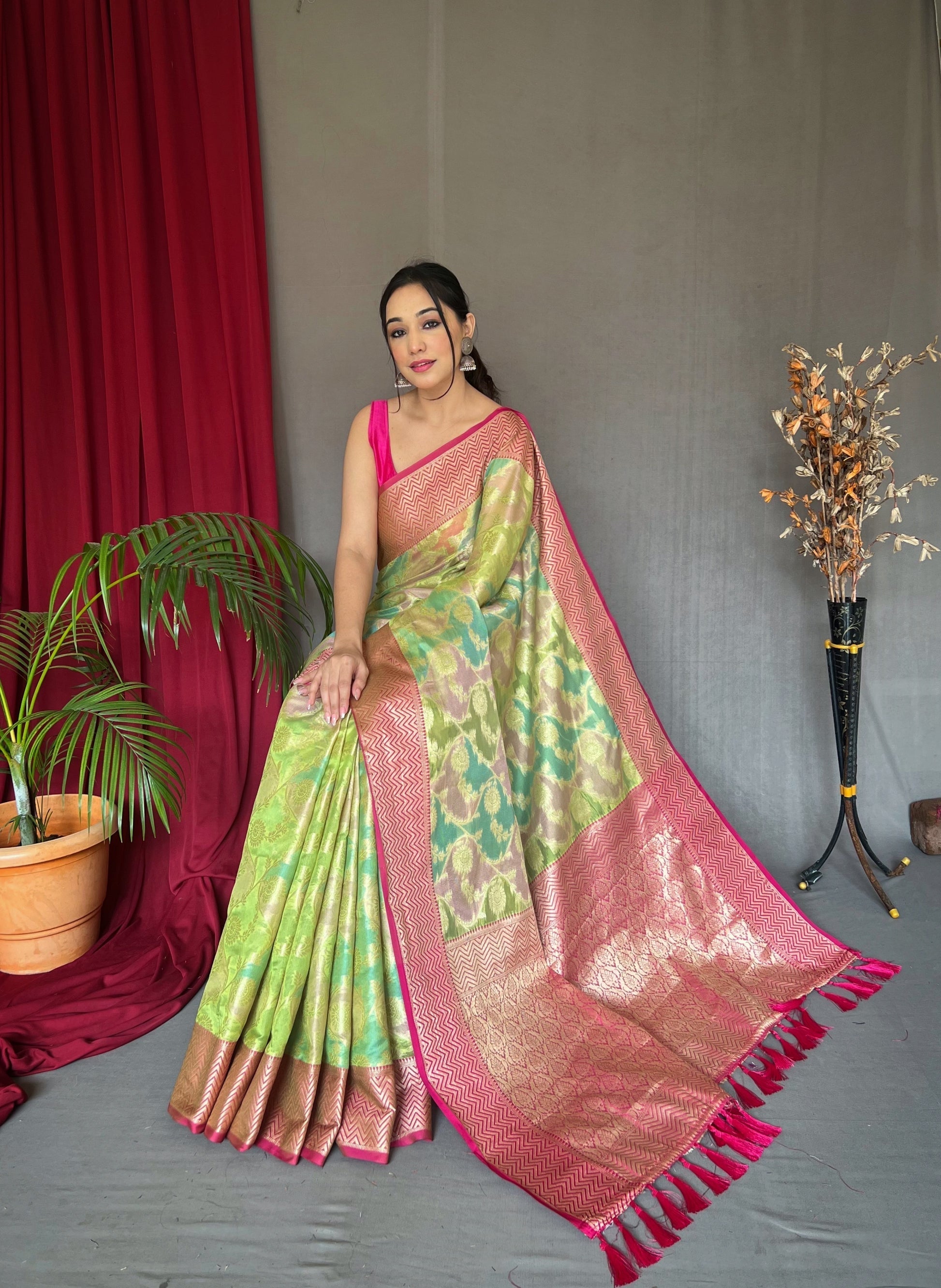 Primrose Green Woven Organza Silk Saree