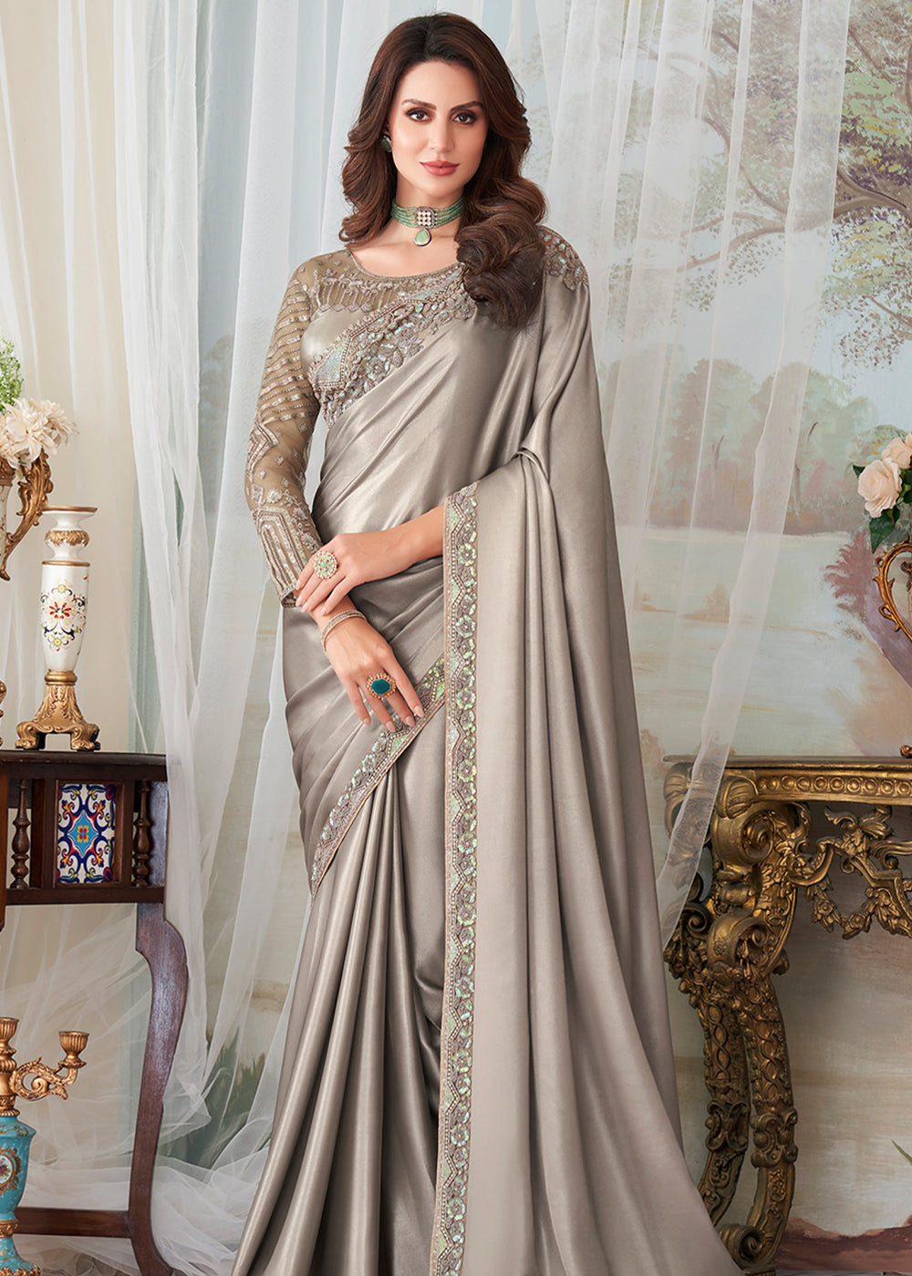 Silver Grey Designer Embroidered Satin Silk Saree