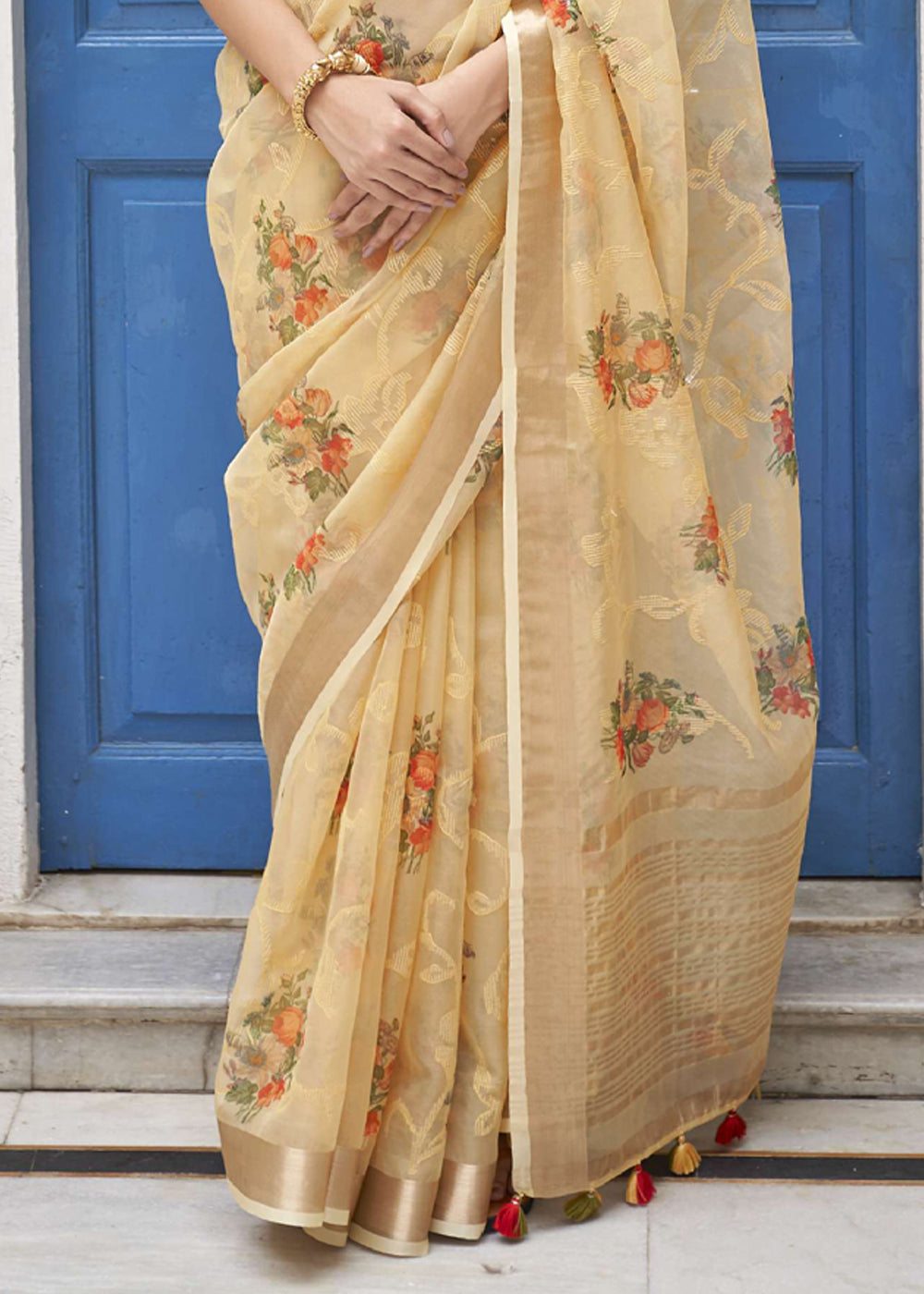 New Orleans Cream Digital Print Organza Silk Saree