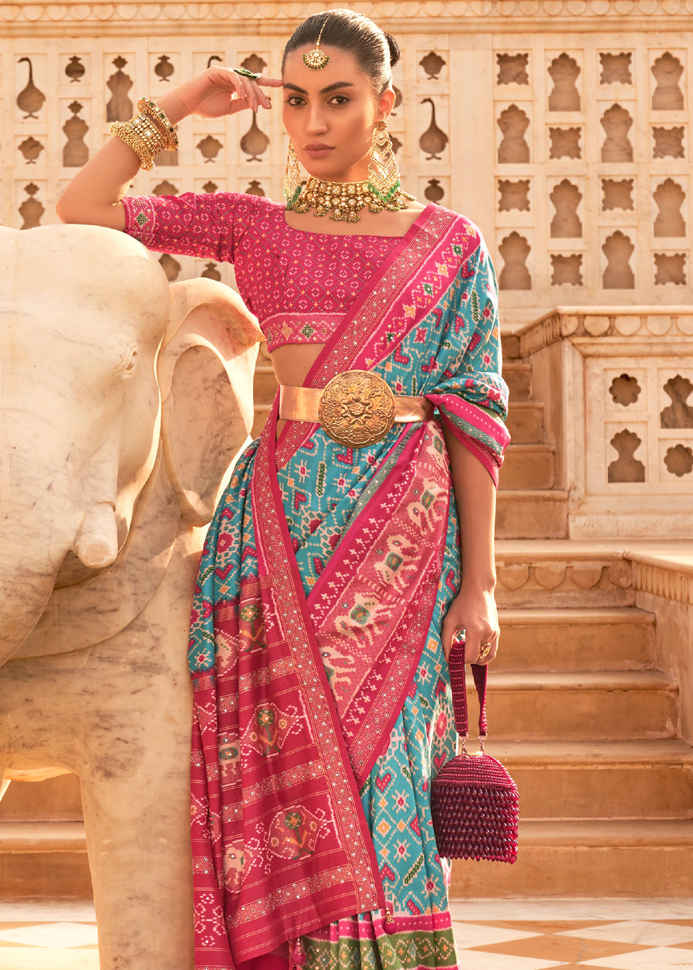 Breaker Bay Blue and Pink Woven Patola Silk Saree