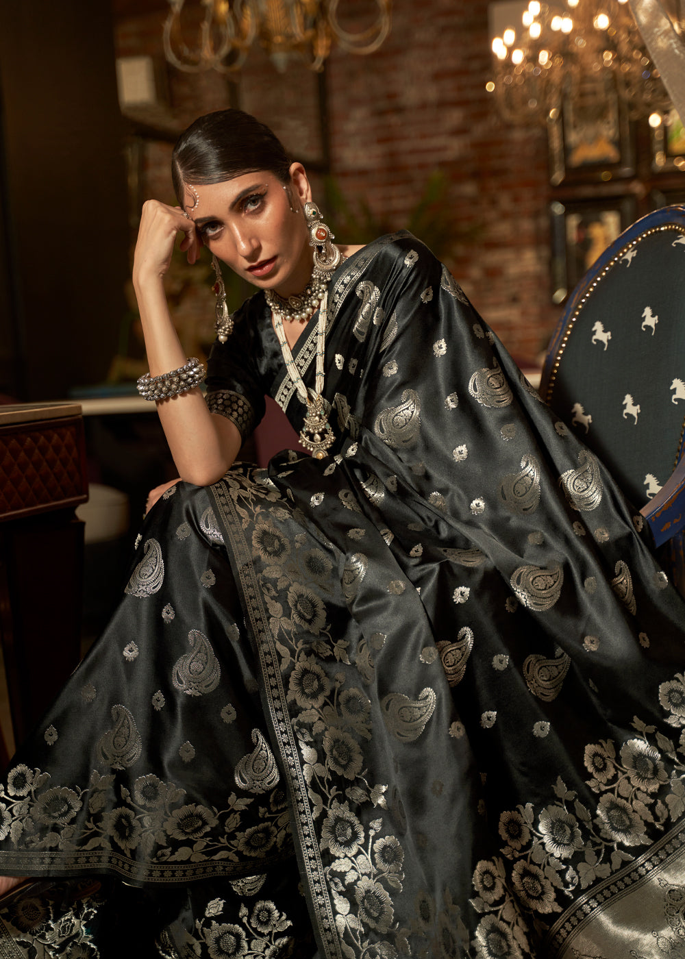 Night Rider Black Banarasi Woven Satin Silk Saree