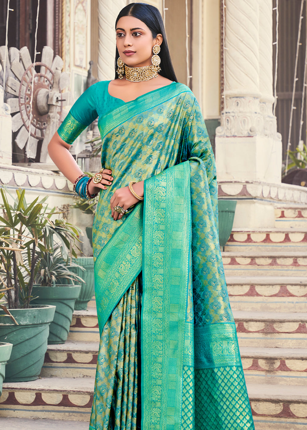 Ocean Green Pearl Woven Kanjivaram Silk Saree