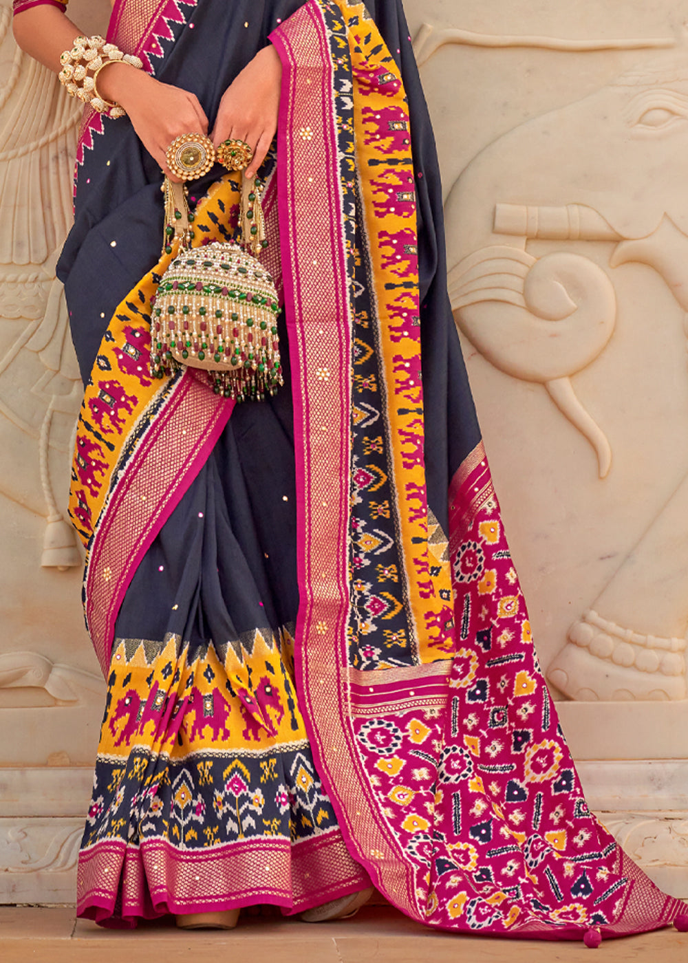 Charade Blue and Pink Woven Patola Silk Saree