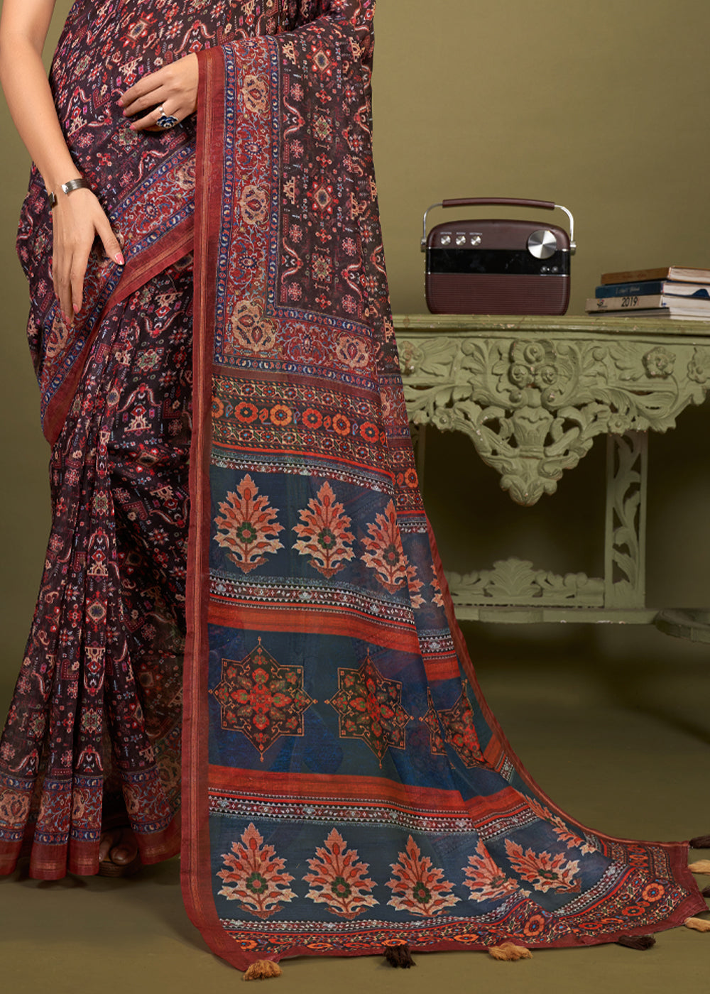 Outer Blue and brown Cotton Patola Printed Silk Saree