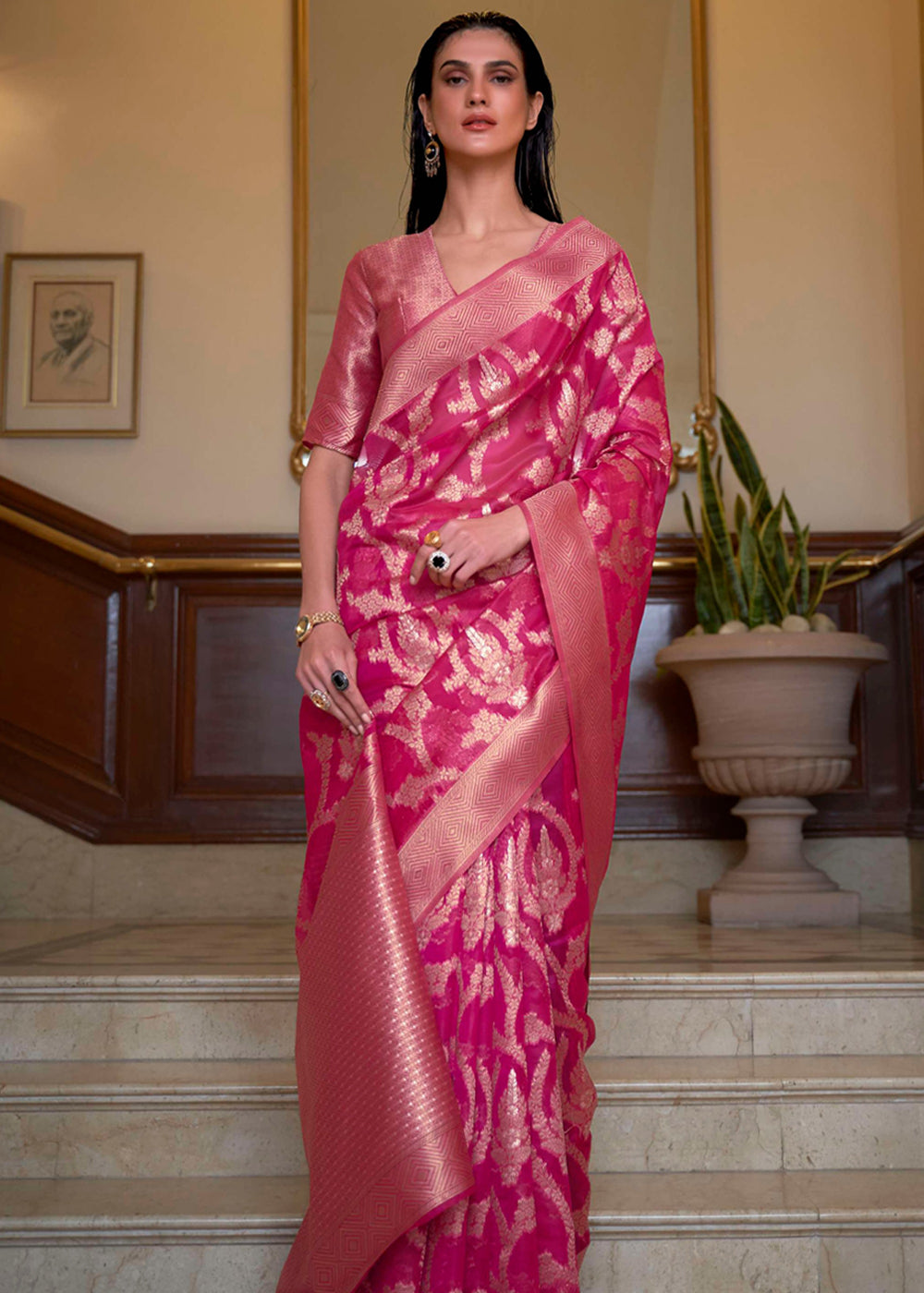 Cadillac Pink Woven Organza Banarasi Silk Saree