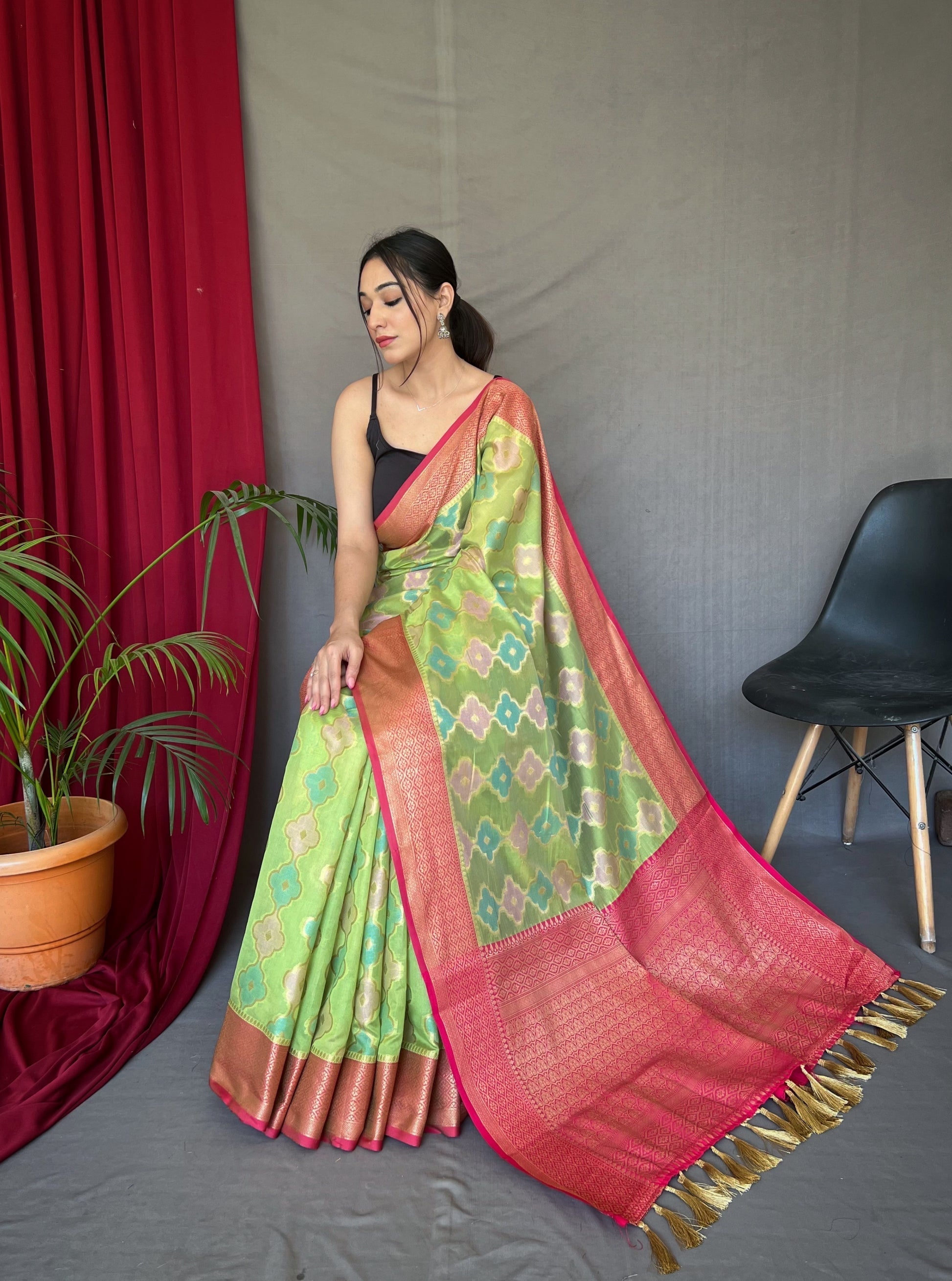 Gimblet Green Woven Organza Silk Saree