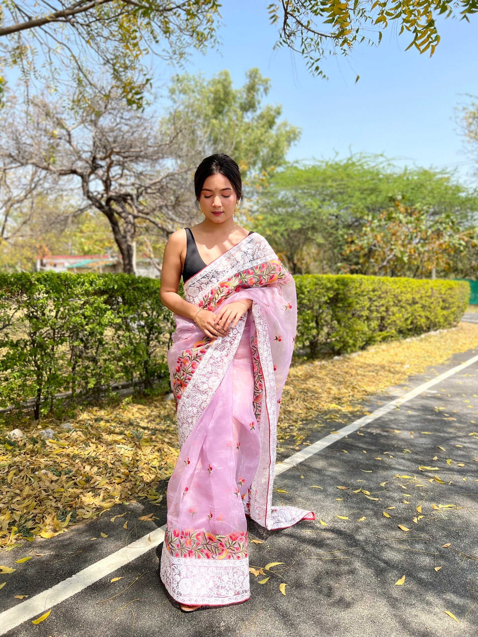 Flare Purple Lucknowi Chikankari Organza Silk Saree