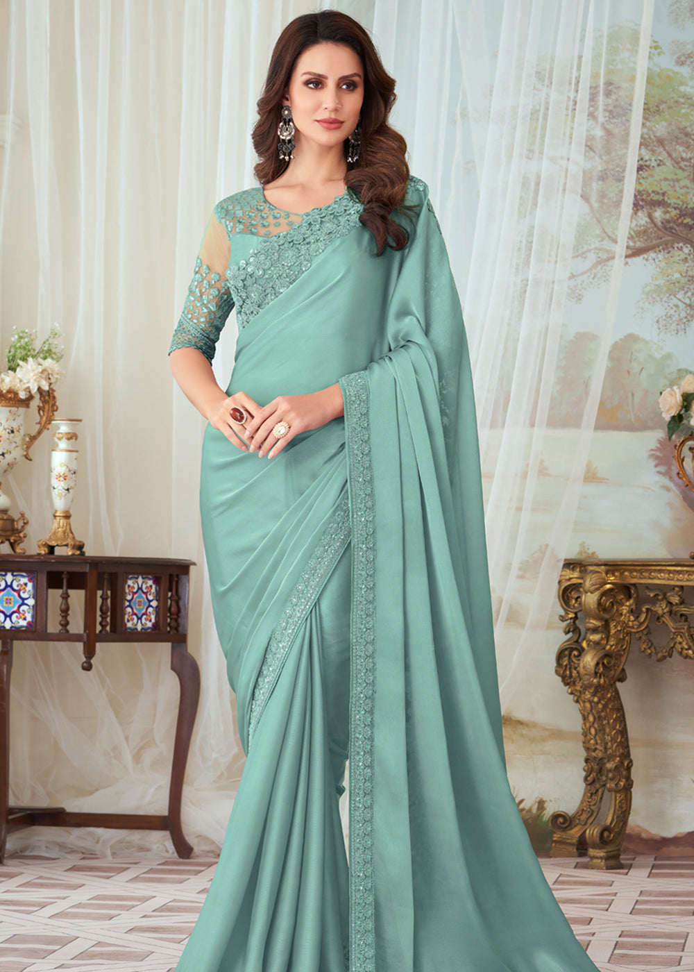 Gulf Stream Blue Woven Satin Silk Saree