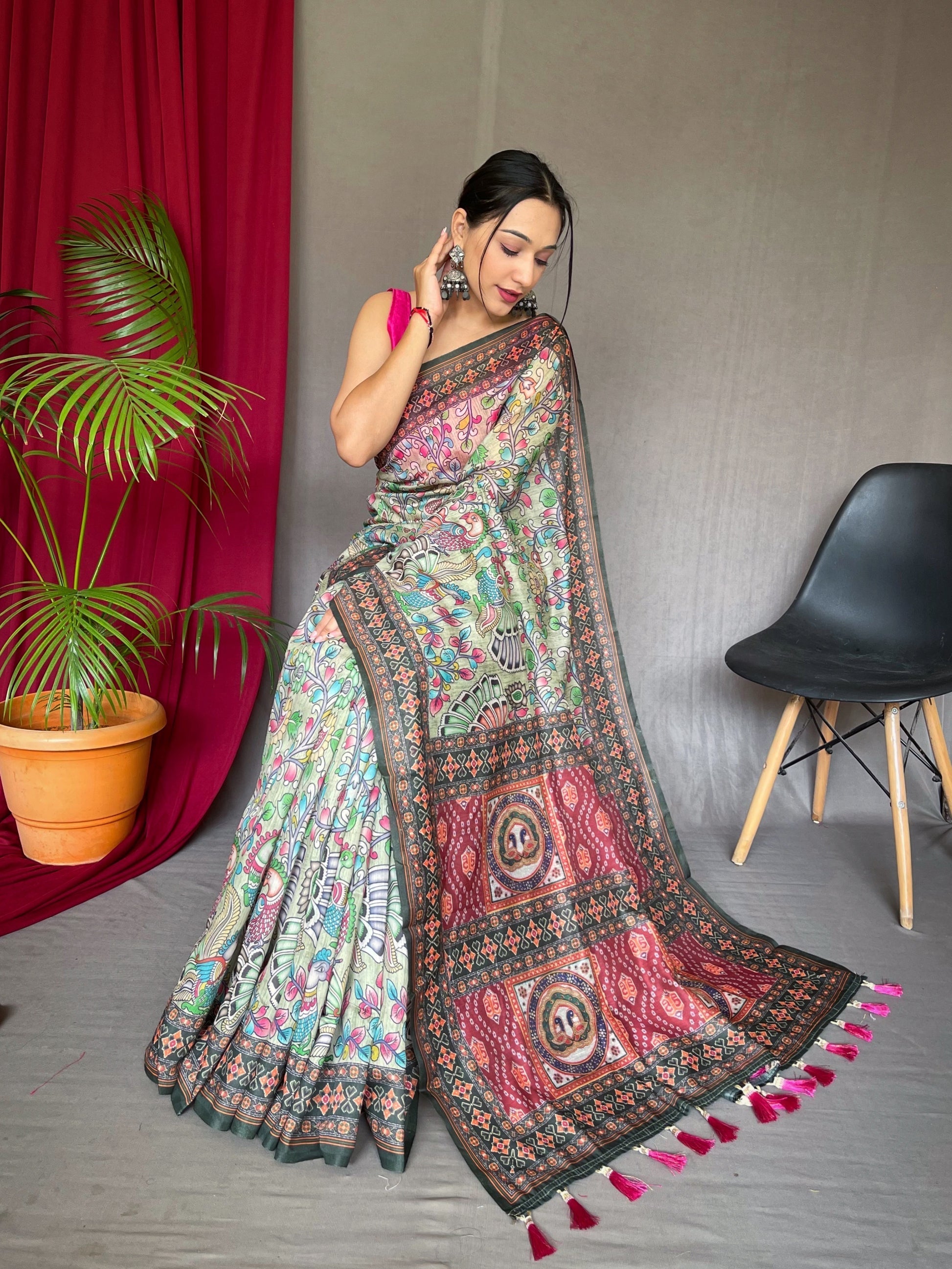 Amulet Light Green Bandhani Kalamkari Printed Saree