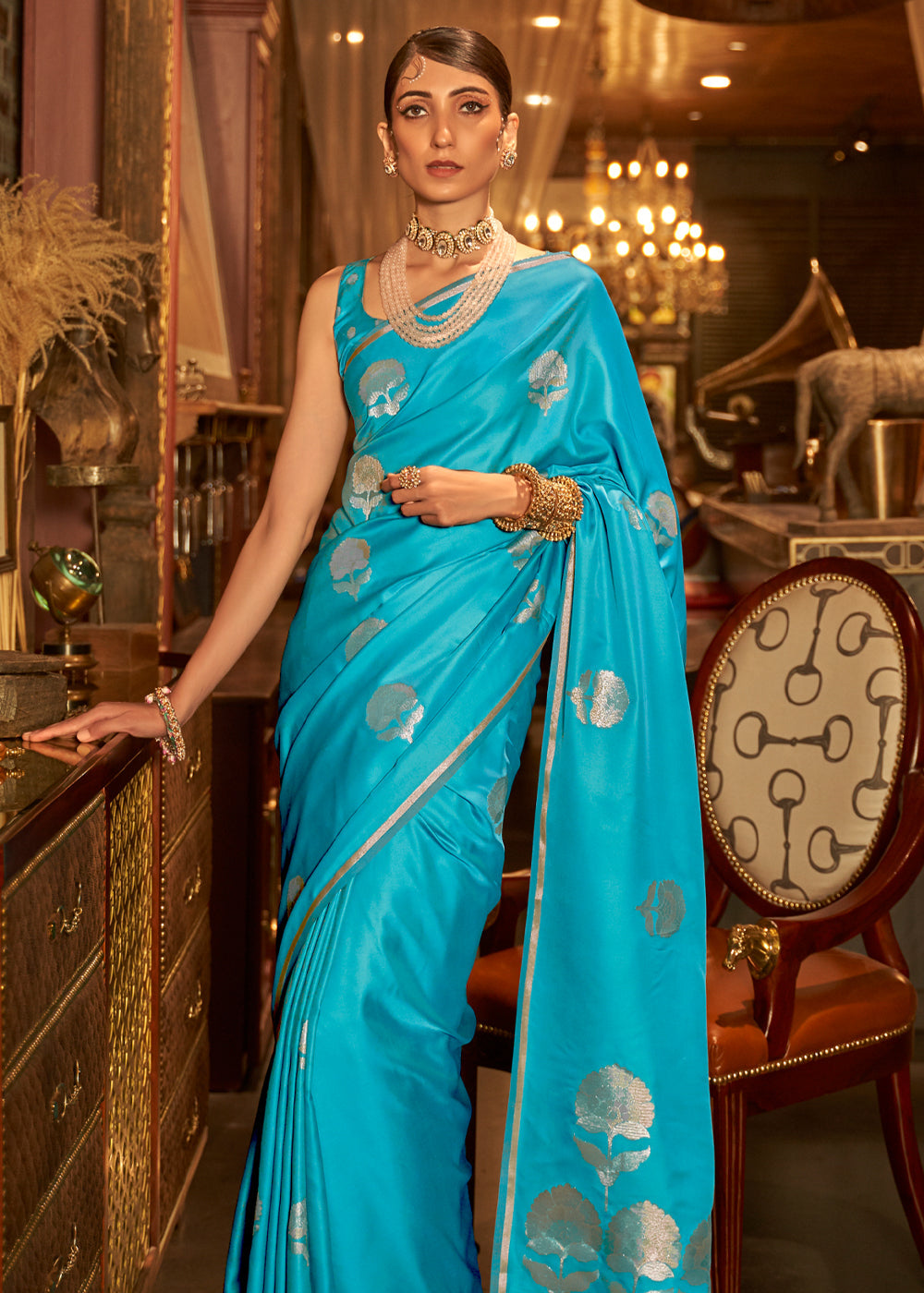 Bondi Blue Woven Banarasi Satin Silk Saree