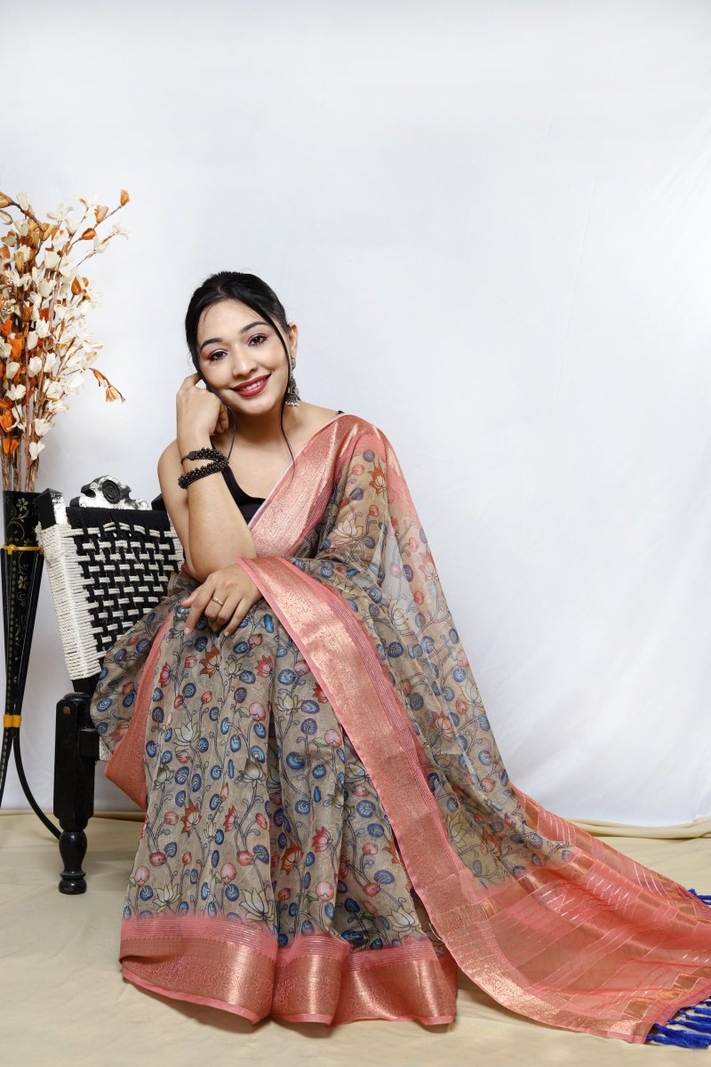 Shadow Brown Organza Kalamkari Printed with Sequins Jacquard Woven Saree