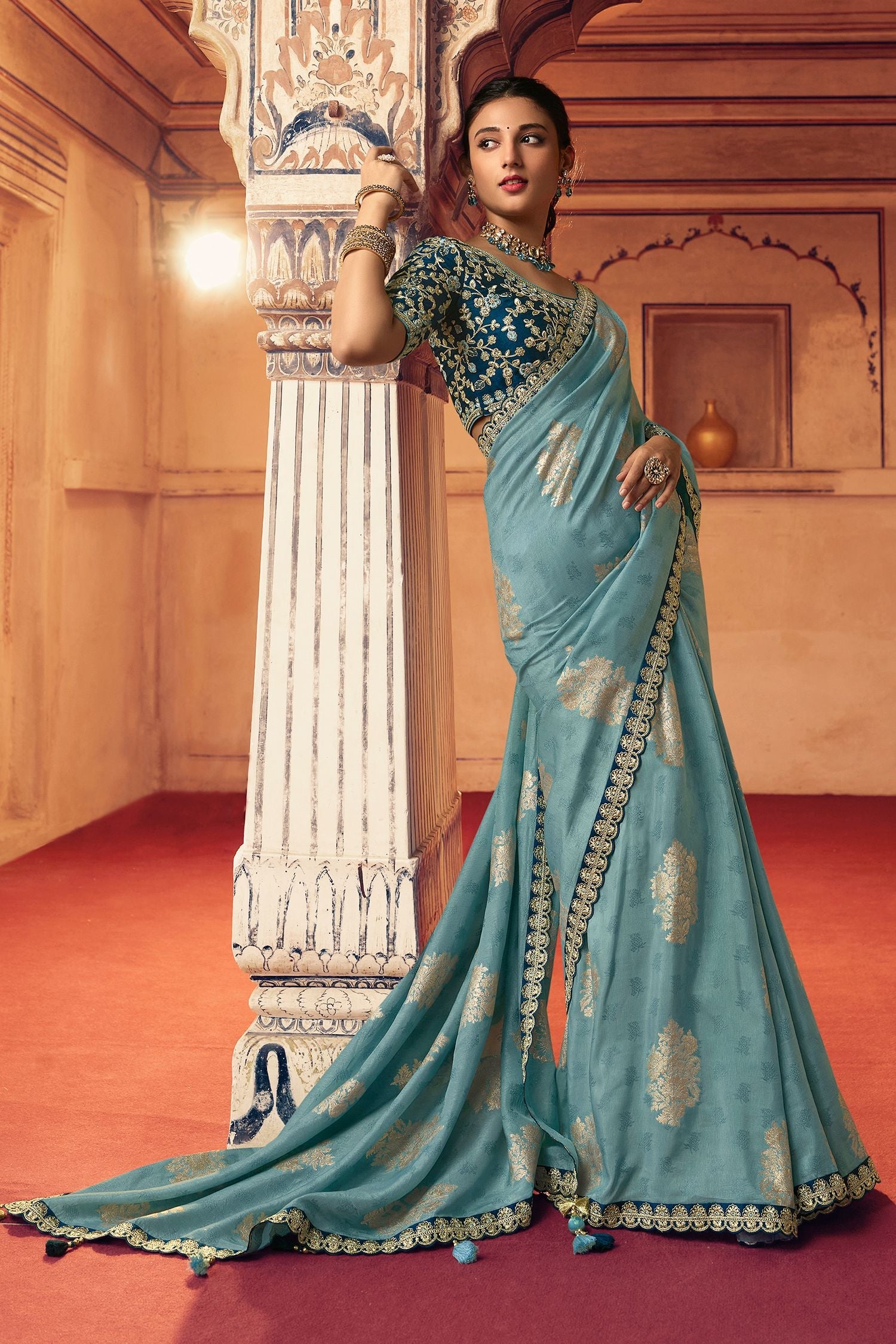 Juniper Blue Organza Woven Silk Saree with Peacock Motifs