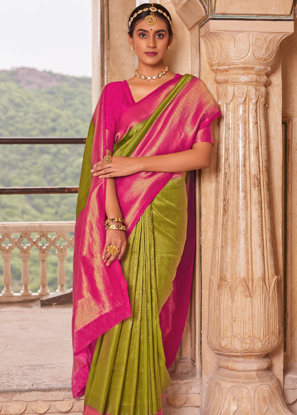 Alpine Green and Pink Woven Kanjivram Silk Saree