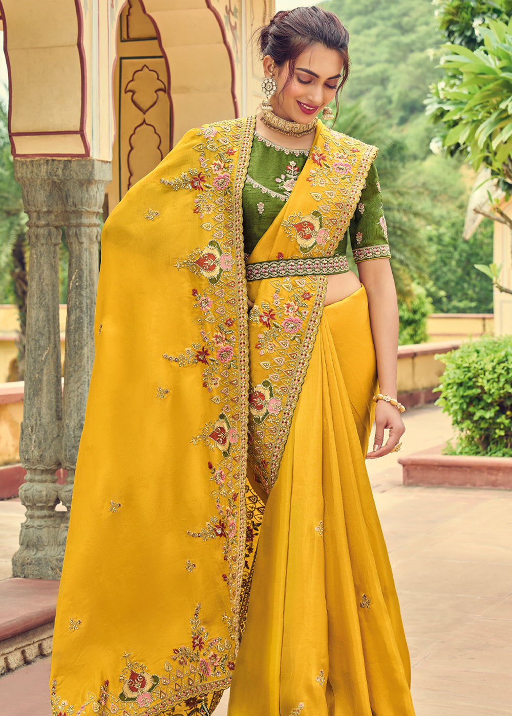 Bright Sun Yellow Designer Embroidered Satin Silk Saree