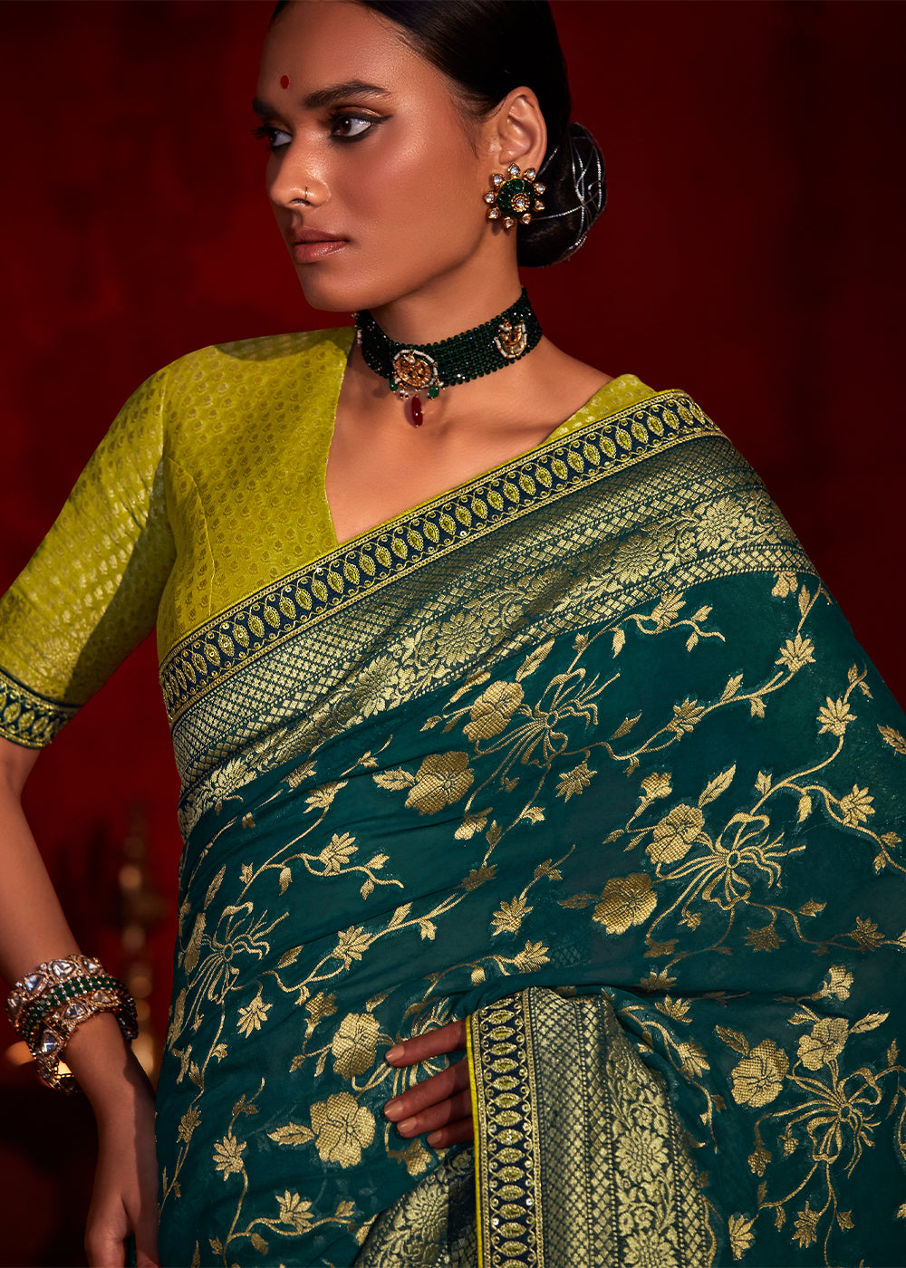 Gable Green Woven Banarasi Georgette Silk Saree