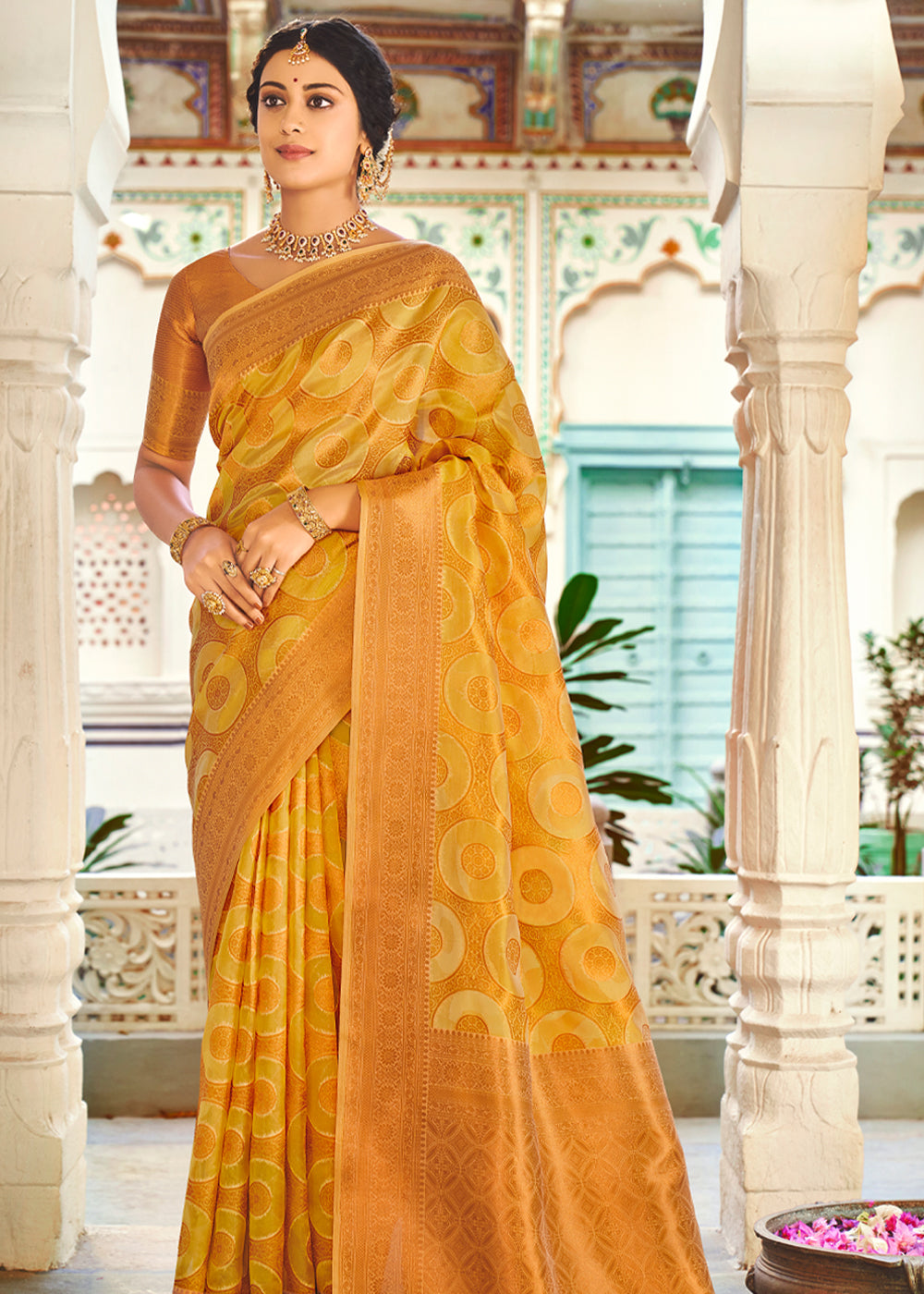 Fuel Yellow Woven Banarasi Organza Silk Saree