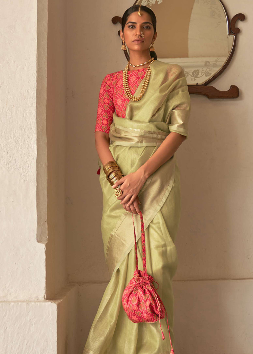 Straw Green and Pink Organza Silk Saree