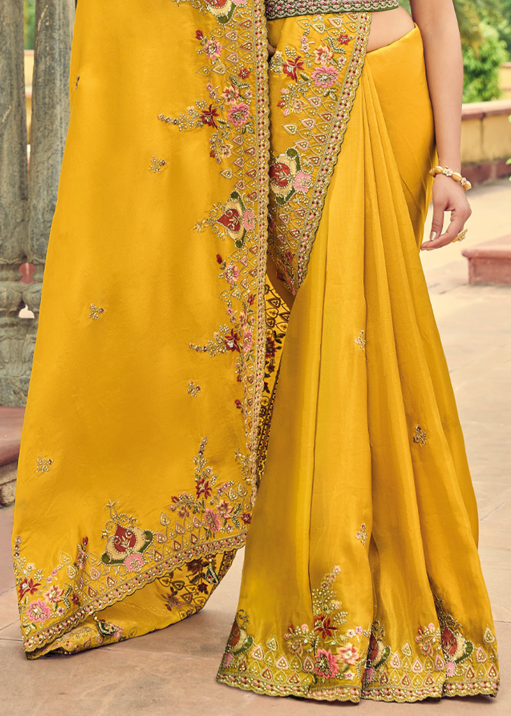 Bright Sun Yellow Designer Embroidered Satin Silk Saree