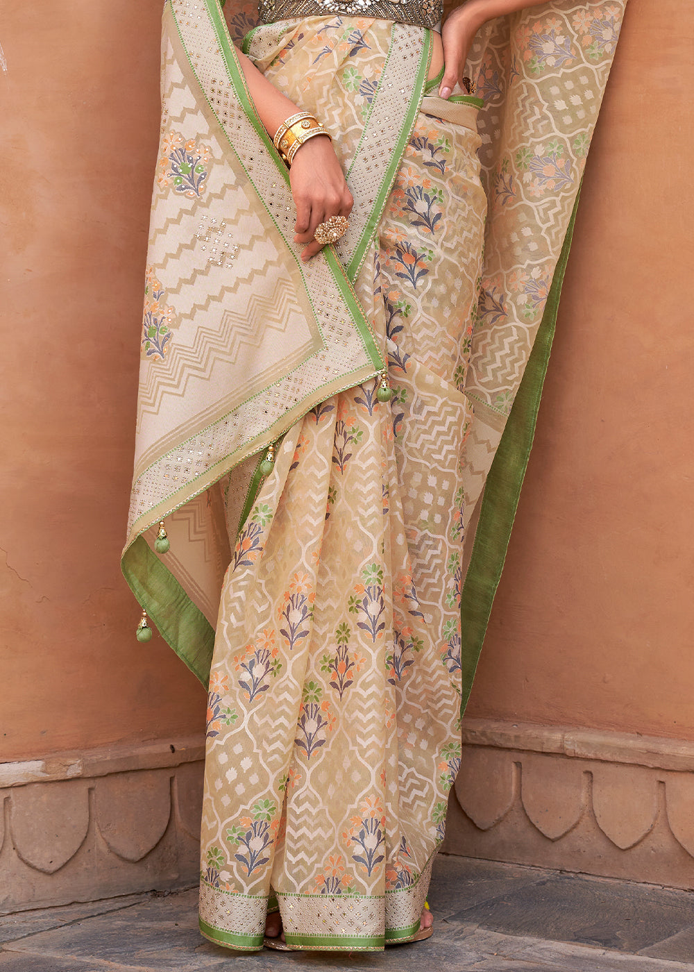 Green and Brown Patola Printed Tissue Silk Saree