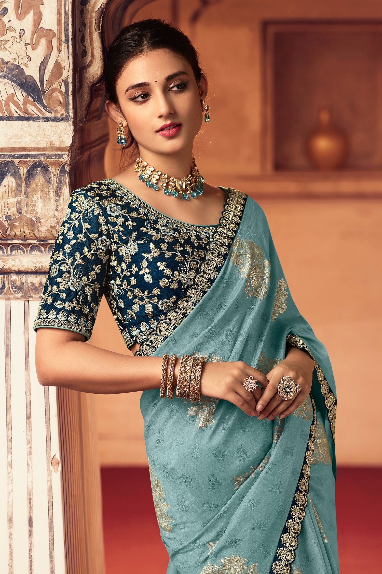 Juniper Blue Organza Woven Silk Saree with Peacock Motifs