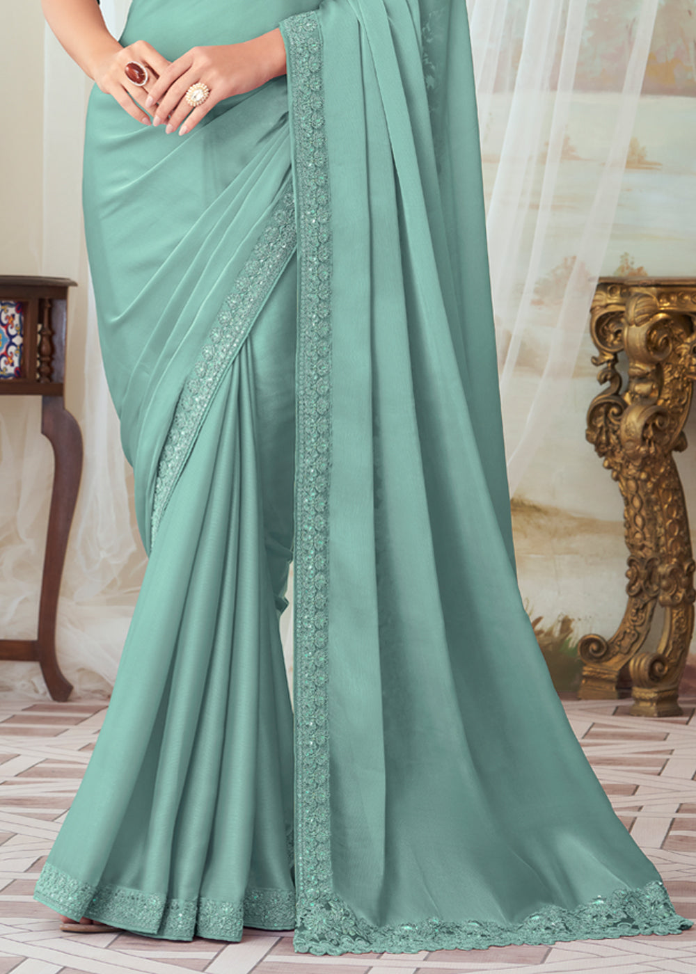 Gulf Stream Blue Woven Satin Silk Saree