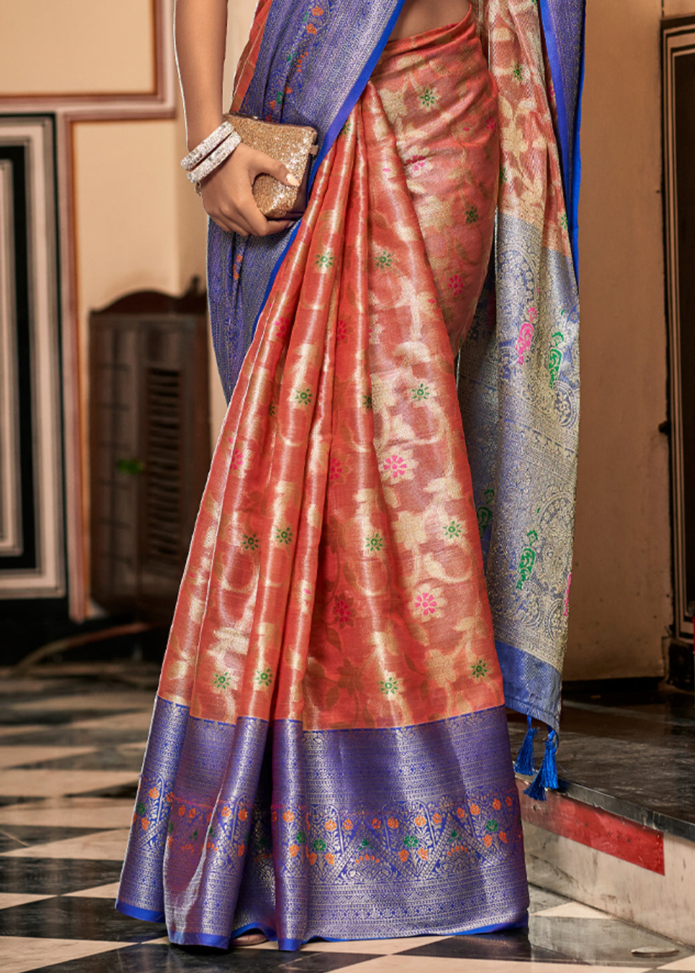 Japonica Pink and Blue Woven Banarasi Organza Silk Saree