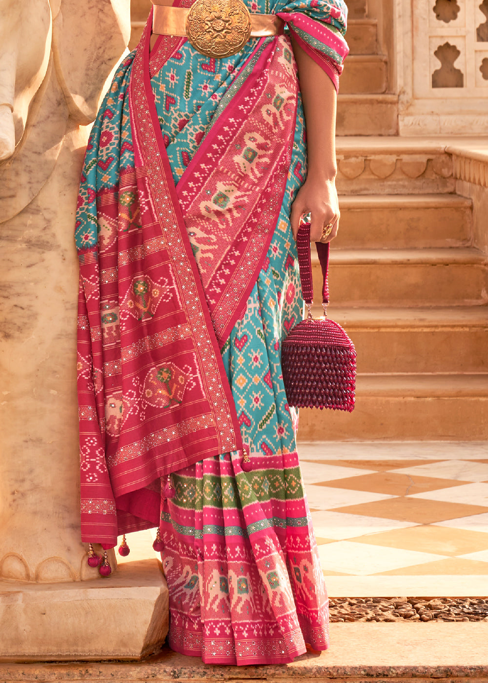 Breaker Bay Blue and Pink Woven Patola Silk Saree