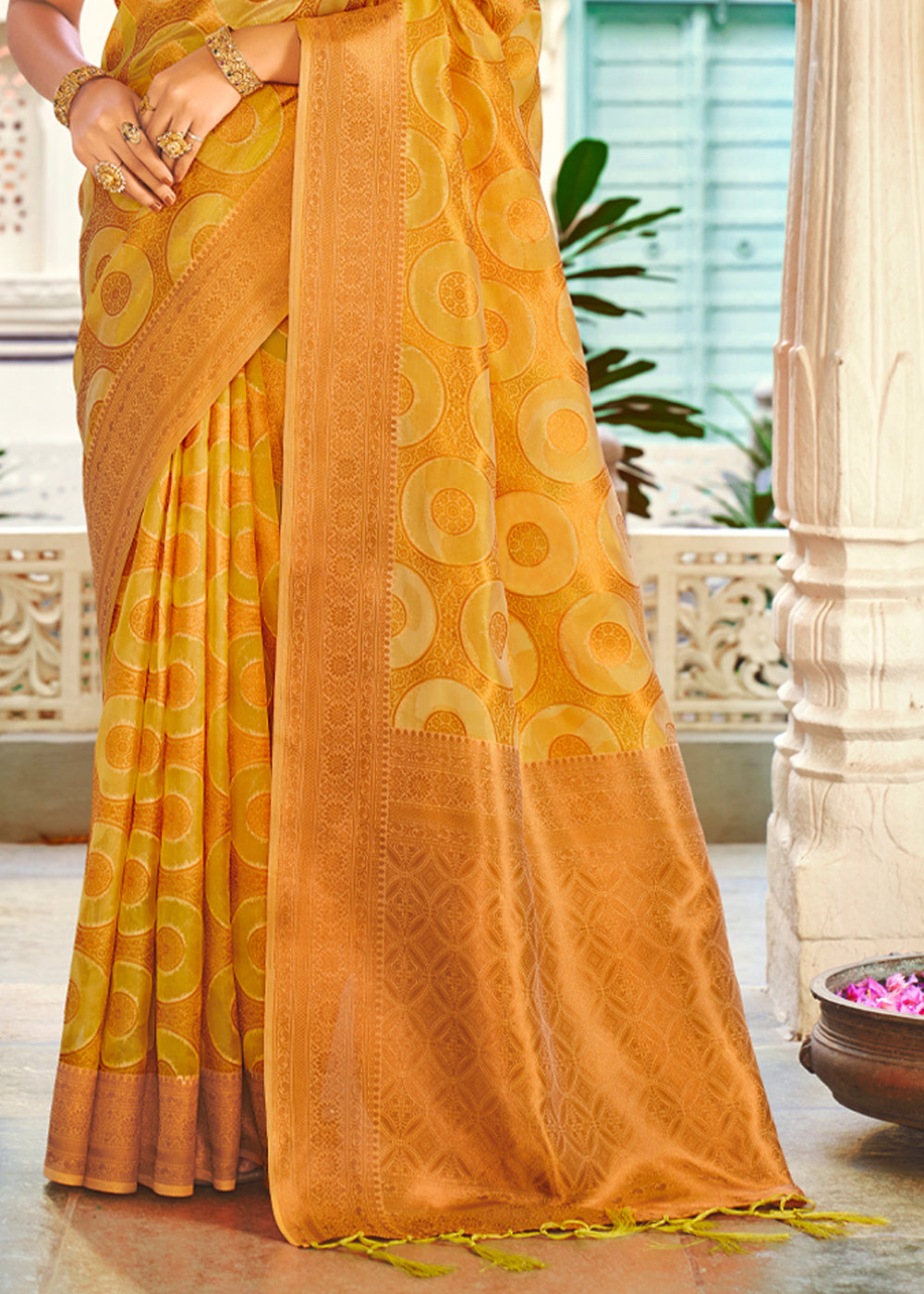 Fuel Yellow Woven Banarasi Organza Silk Saree