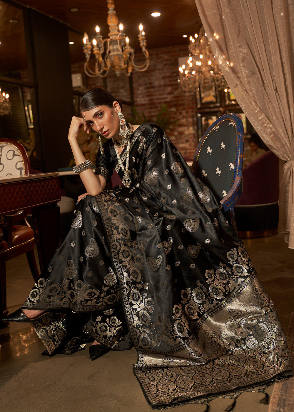 Night Rider Black Banarasi Woven Satin Silk Saree