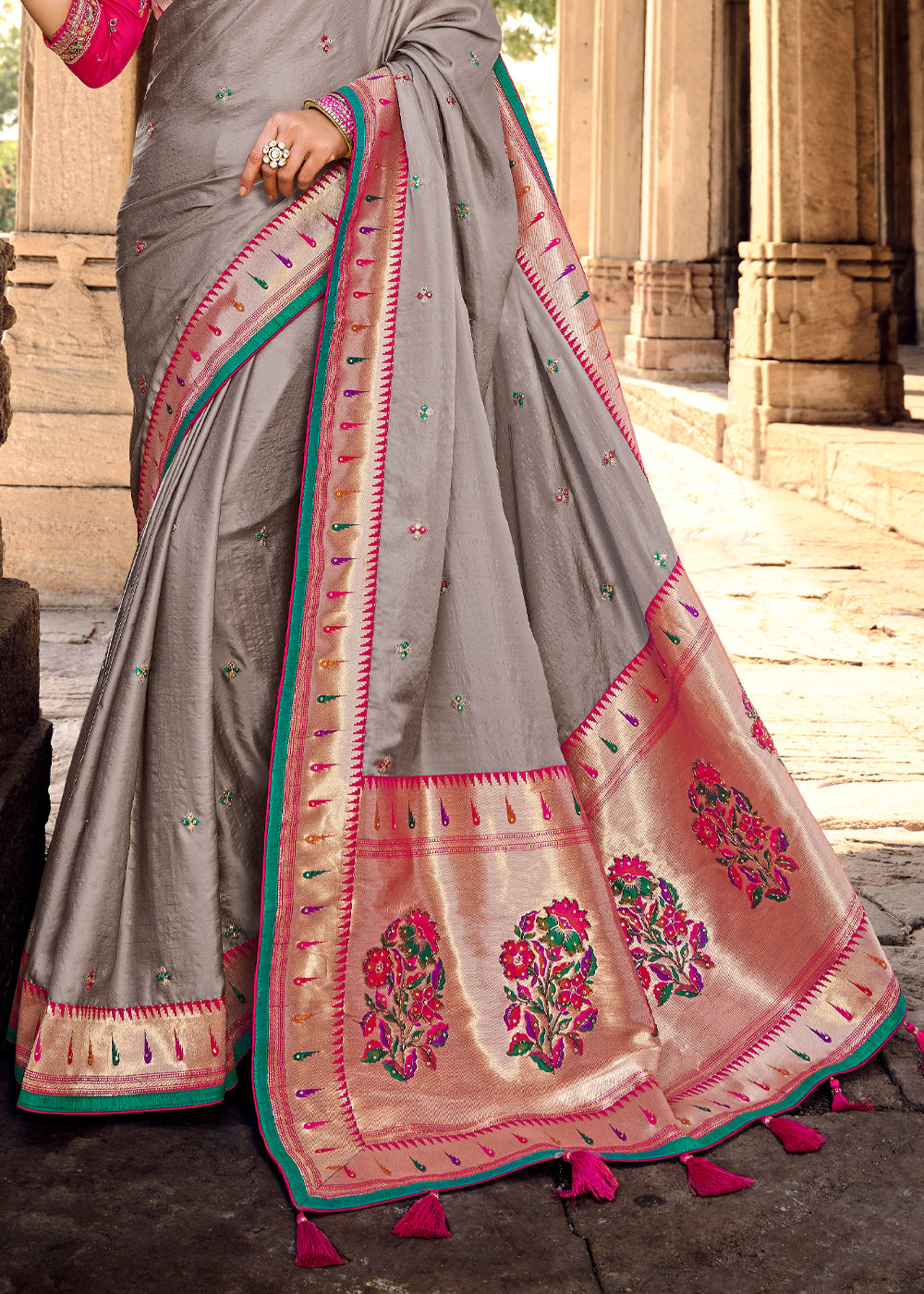 Squirrel Grey Banarasi Handloom Silk Saree with Designer Blouse