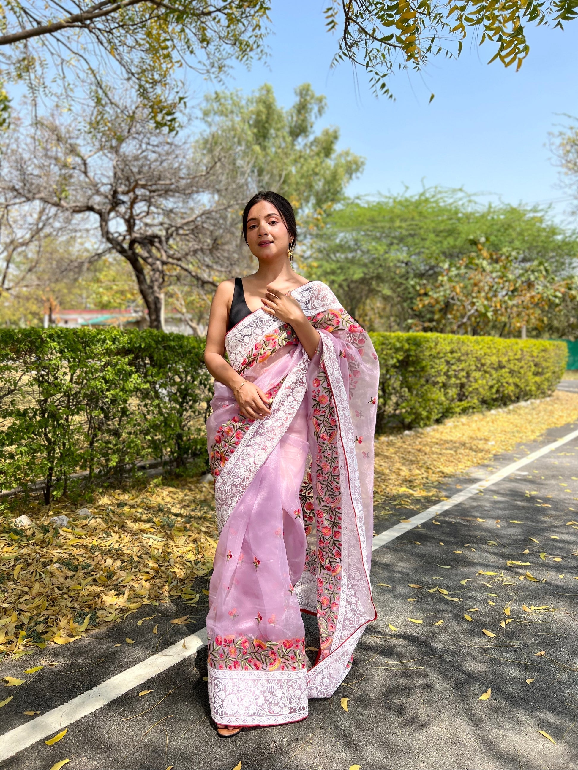 Flare Purple Lucknowi Chikankari Organza Silk Saree