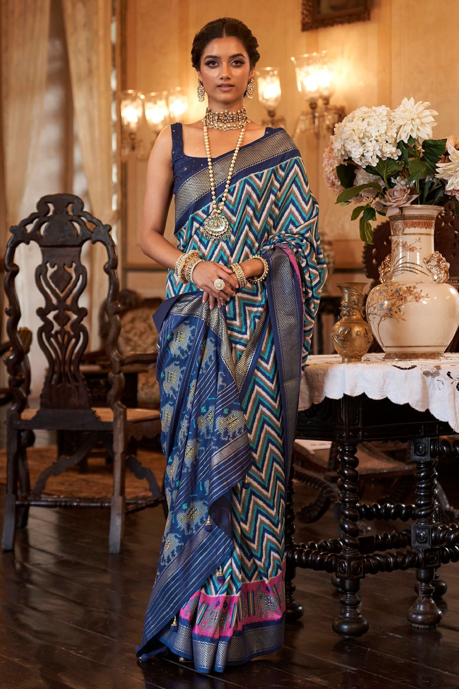 East Bay Blue Printed Patola Silk Saree