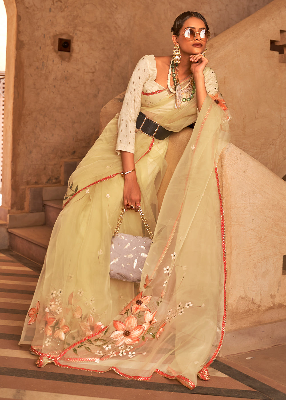 Wild Rice Yellow Digital Print Organza Saree