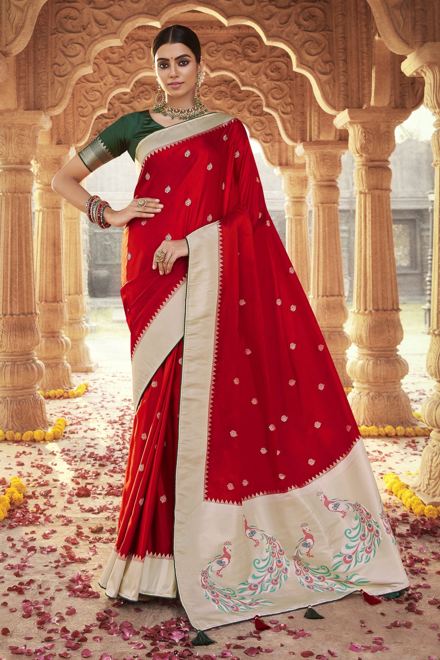 Amaranth Red Designer Banarasi Satin Silk Saree